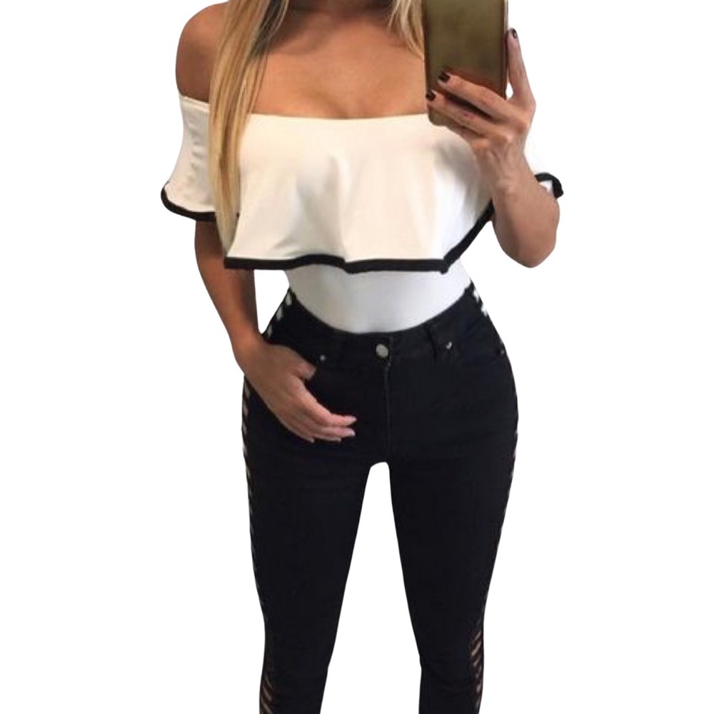 Lindsey Off Shoulder Bodysuit - White/Black Trim (Size Medium)